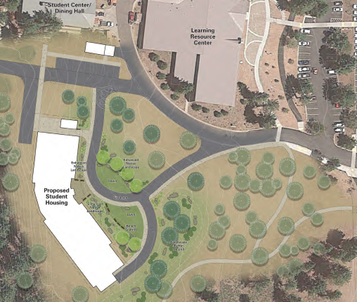 Site map showing proposed location for student housing, located near Student Center and Library.