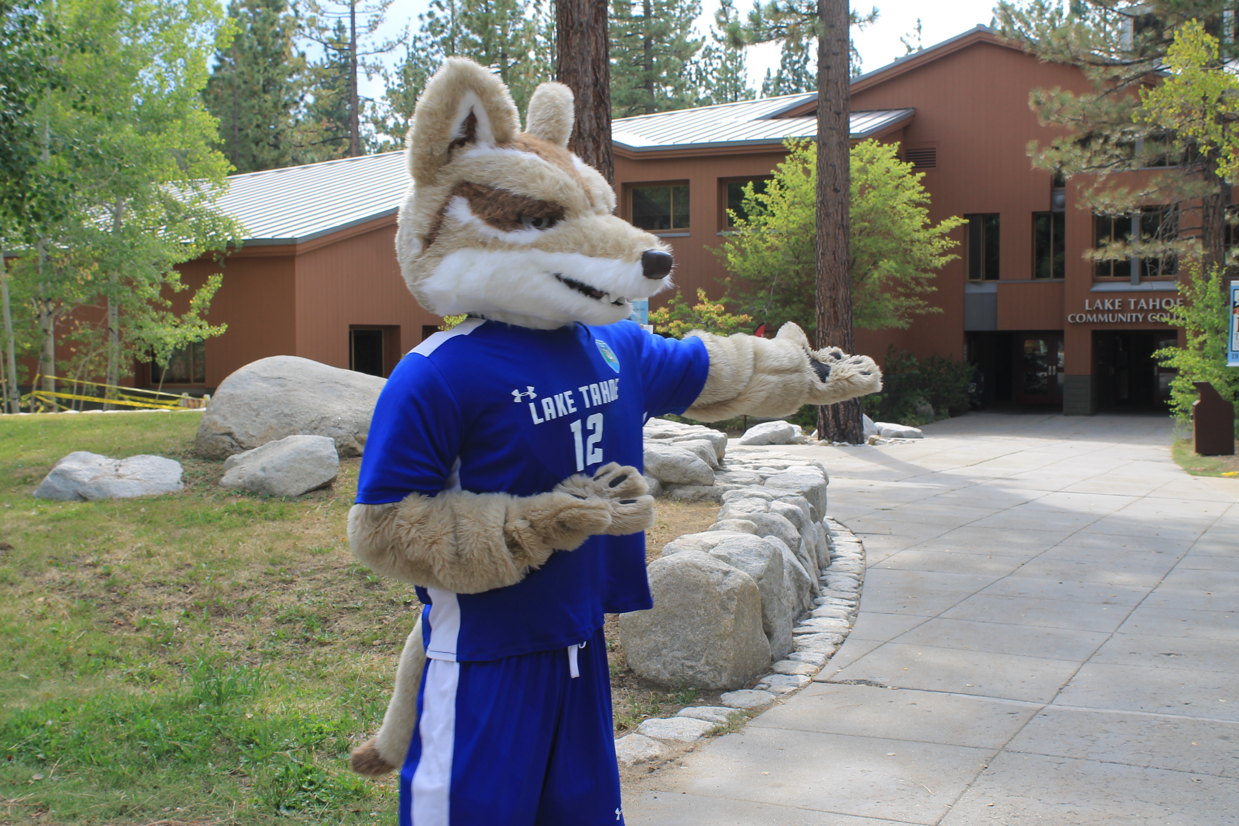 Coyote pointing at main building