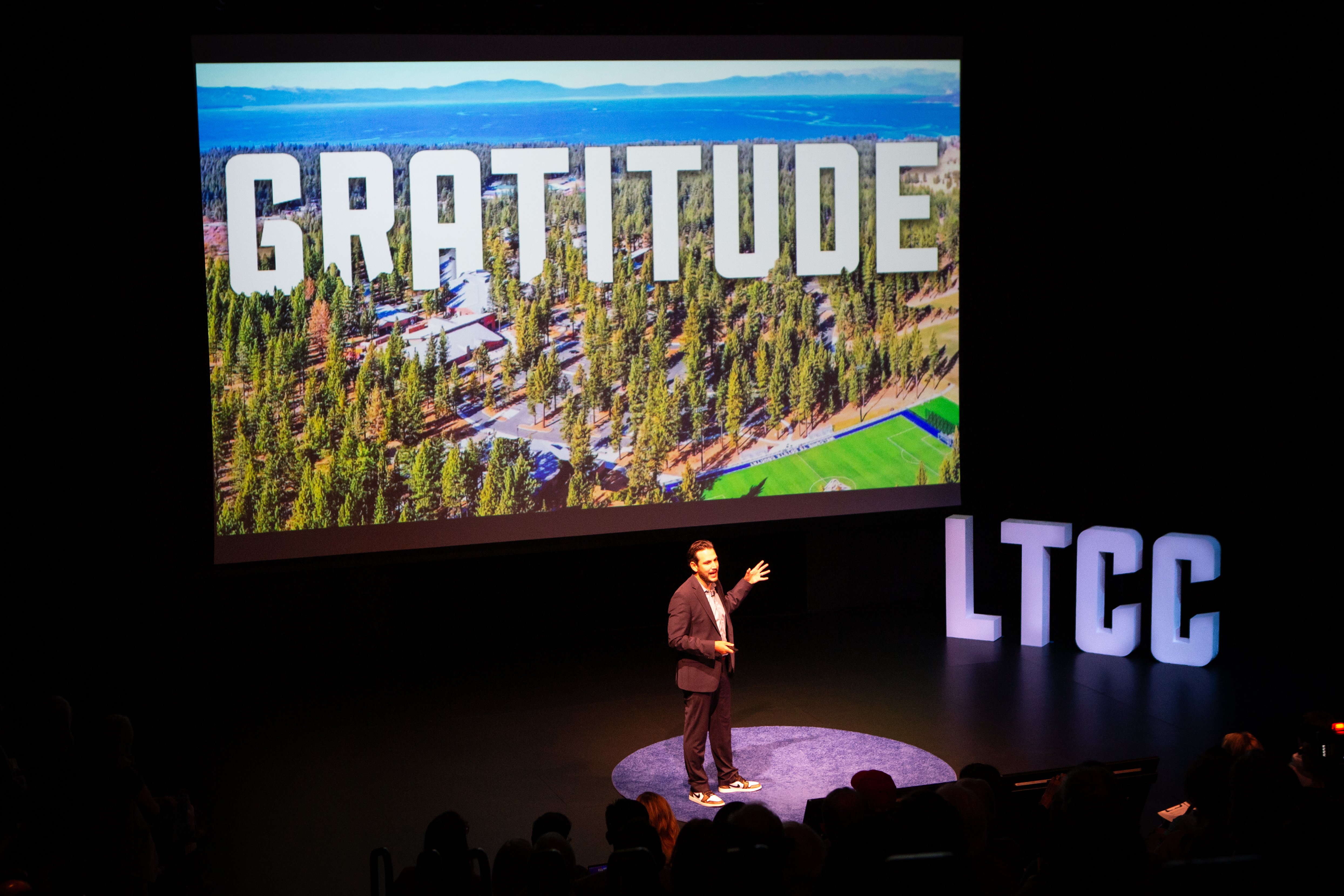 LTCC President Jeff DeFranco delivering the 2023 State of the College Address in the Duke Theatre