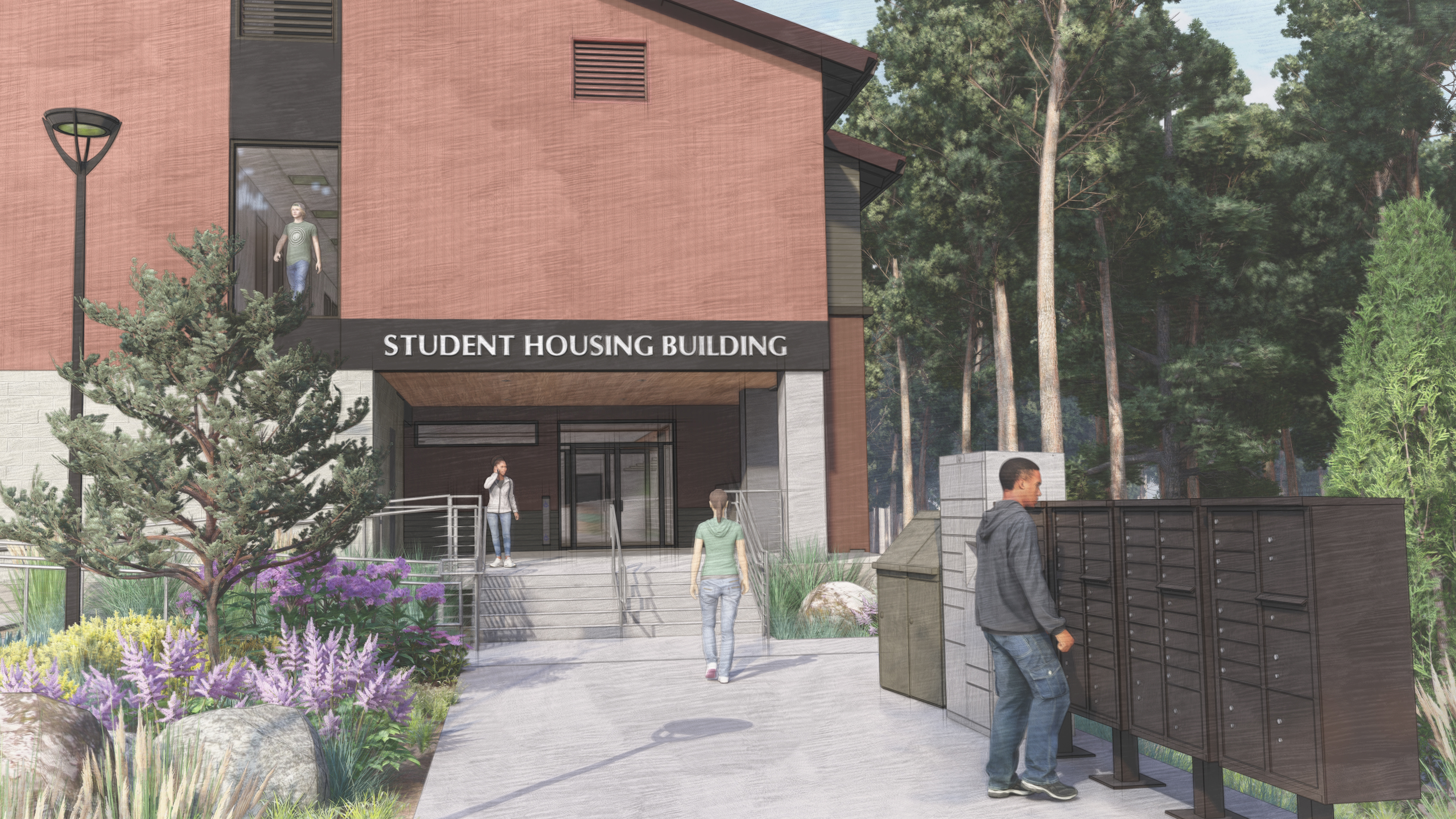 artist illustration showing north entrance to student housing